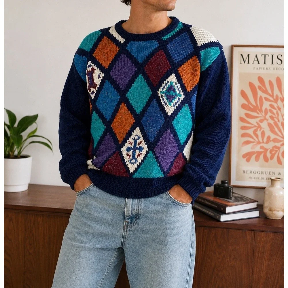 Vintage Finalist Geometric Sweater Mens L 90s Grandpa Ramie Cotton Knit